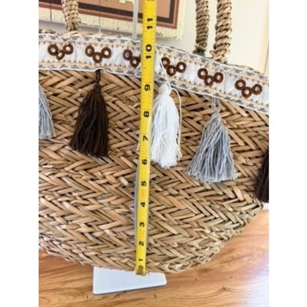 KikaHome Sicilian Straw Tote Bag Tassel Mirror Trim Large Natural Brown Gray
